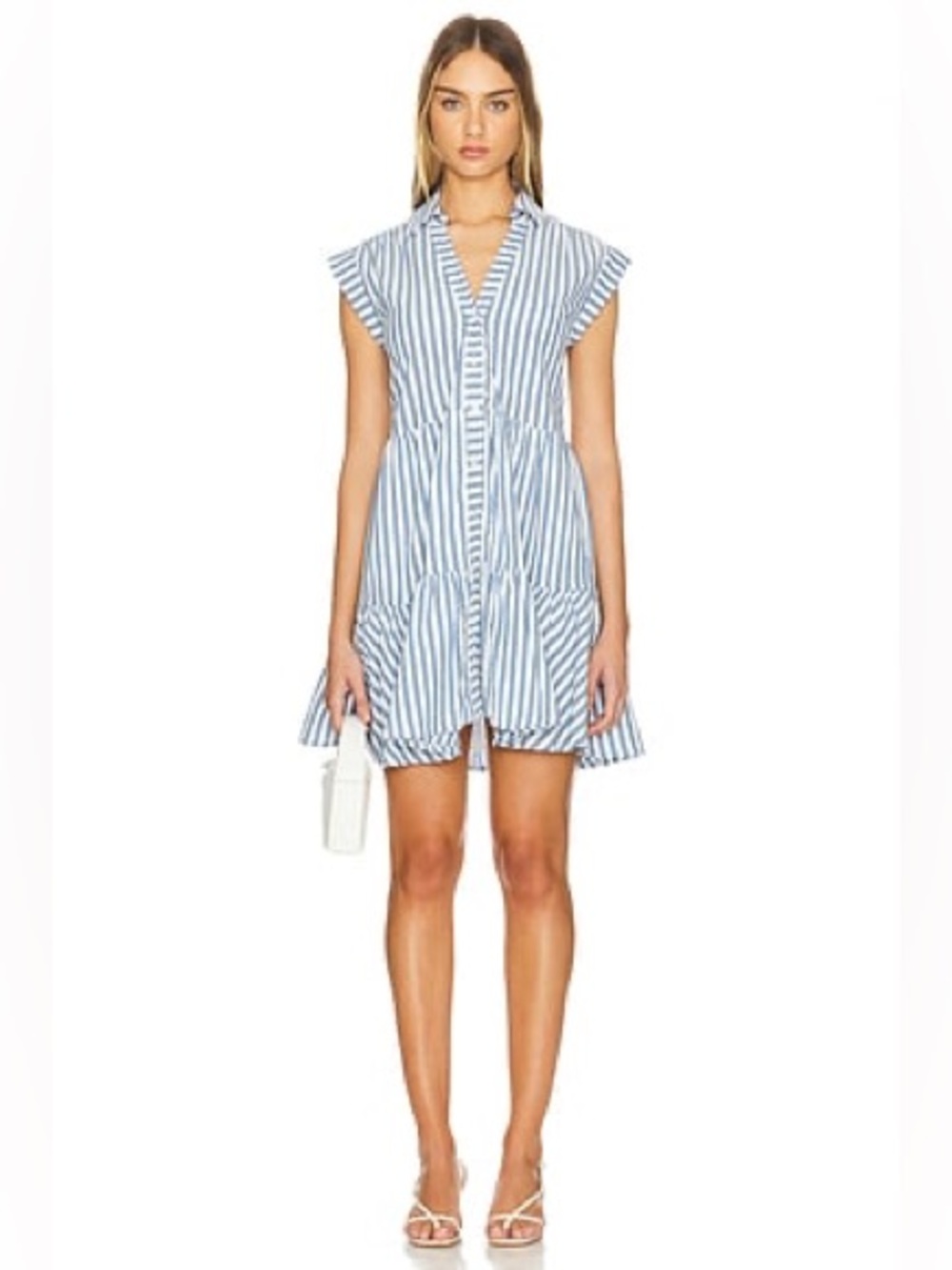 Veronica Beard Trisha Blue White Striped Shirt Dress XS Tiered Mini Collared